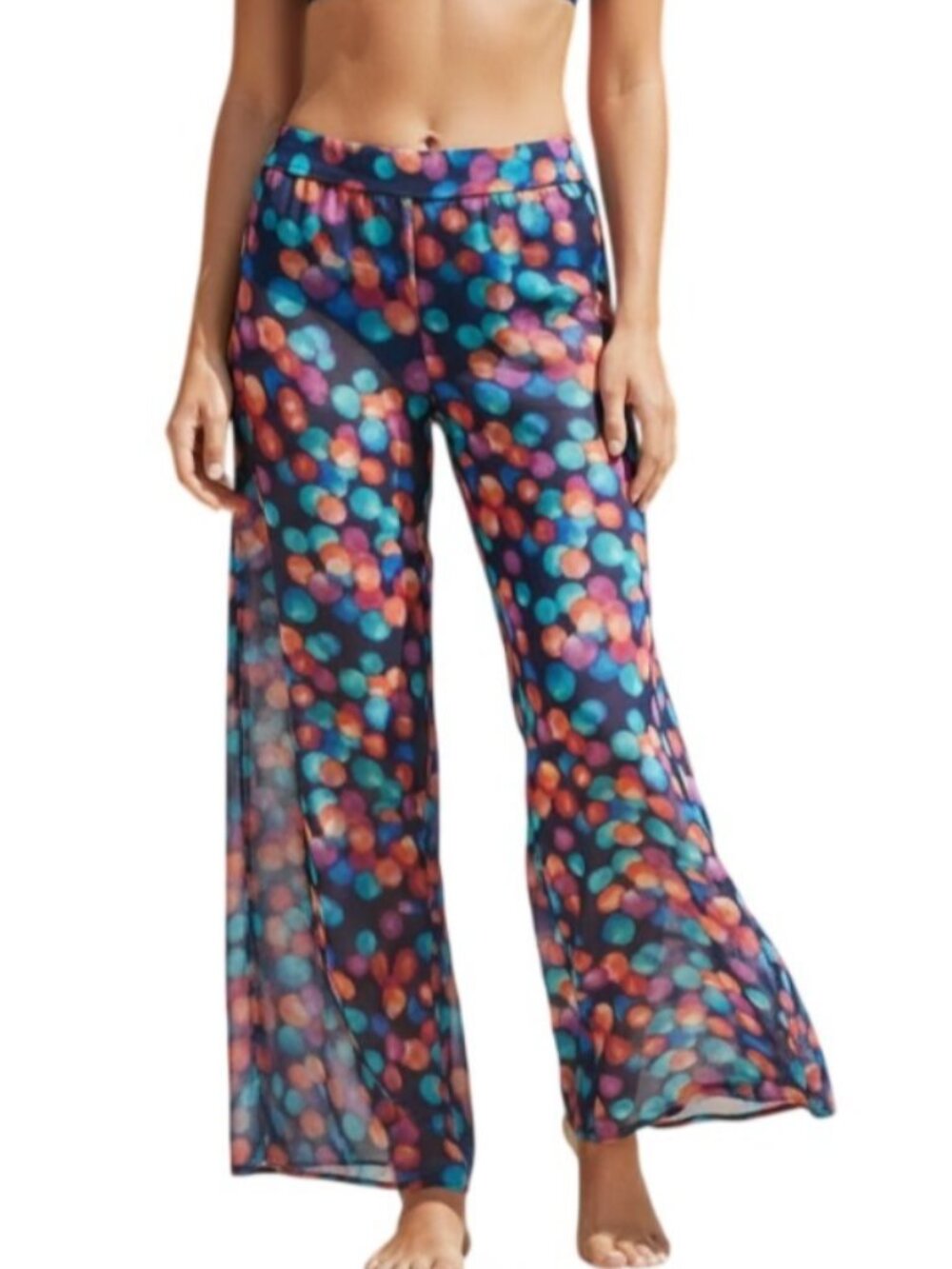 Bar III Swim Cover Up Pants Womens S NWT Sheer Chiffon Wide Leg Multi Color Dot